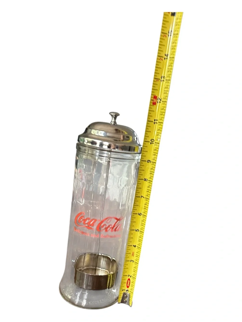 Coca Cola Clear Glass Dispenser with Red Logo and Stainless Top